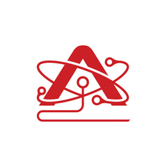 Striking letter A logo design with connected tech nodes in vibrant red, perfect for innovative brands and modern technology companies needing a strong visual identity