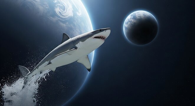 Great White Shark Soaring Through Outer Space Near Planets.