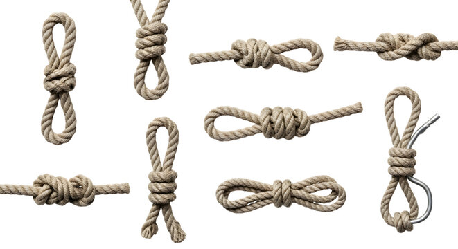 Collection of different rope knots isolated on transparent background