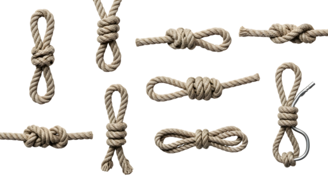 Collection of different rope knots isolated on transparent background