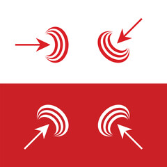 Dynamic red and white arrows pointing towards curved line symbols for modern branding and design projects needing a strong directional visual cue