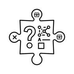 Black and white line art icon of a puzzle piece containing question mark, diagram, and treasure chest symbols, isolated on