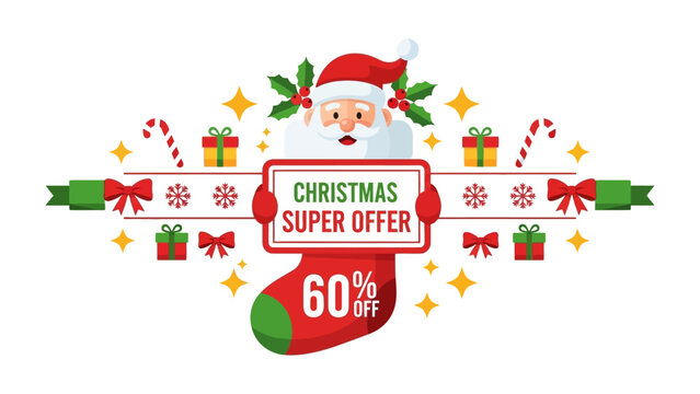 Festive Christmas Super Offer: A delightful Christmas-themed illustration featuring Santa Claus with a festive display showcasing a super offer discount.