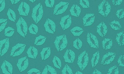 Seamless Kiss Marks Pattern on Teal Background Lipstick Kisses Abstract Love Texture Romantic, Stylish, and Flirty Repeating Print