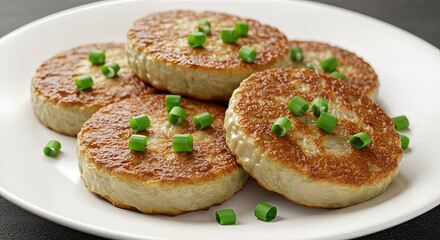 Golden brown pan-fried patties garnished with fresh green onions on a white plate, ready to be served as a delicious meal.