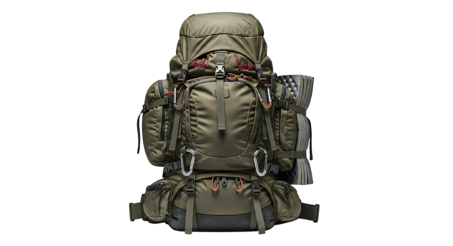Hiking backpack full gear isolated on transparent background