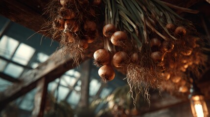 Bunches of onions hanging from a wooden beam in a rustic barn, drying under the warm glow of natural light filtering through the glass roof, create a picturesque autumn scene