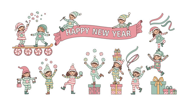 Whimsical New Year Elf: Festive illustrations of joyful elves in playful scenes, celebrating the new year with gifts, and cheer.