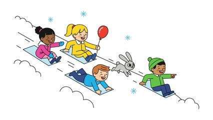 Children's Snow Day: Youngsters experience the joy of a winter day, sledding downhill, creating a scene of laughter and amusement on a snowy slope. 