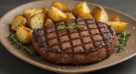 A perfectly grilled sirloin steak with diamond grill marks, served with roasted potatoes and fresh thyme on a rustic plate.