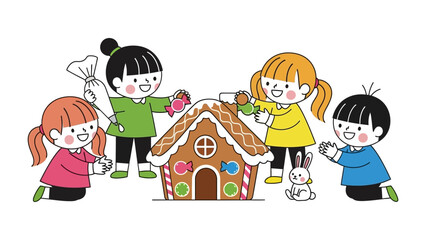 Sweet Construct: Four young children are joyfully assembling a gingerbread house, showcasing teamwork and festive cheer. Capturing the joy of holiday baking