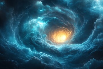A brilliant golden light emerges from the core of an ethereal blue cloud formation swirling in space