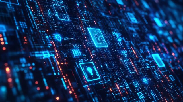 Immerse in a vibrant digital network with glowing icons and circuits, perfect for tech startups, innovative projects, and cutting-edge design presentations