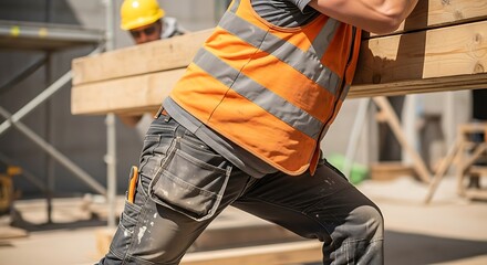Construction Worker Carrying Lumber on Shoulder