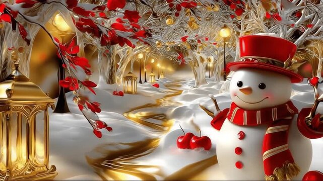 Snowman holding cherries in a festive winter landscape with lights  