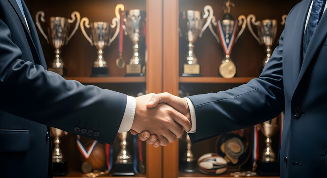 a professional handshake between two business executives, possibly after completing a successful deal or contract. featuring various trophies, symbolizing achievement, success, and recognition in busi