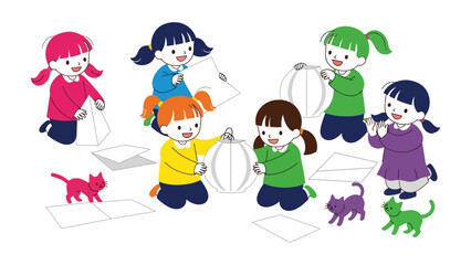 Joyful Crafting of Lanterns: A group of children engage in a creative lantern-making activity, brimming with smiles and colorful lanterns, showcasing the joy of hands-on crafting.
