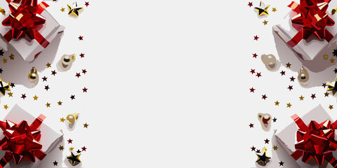 Festive christmas gifts and decorations on a white background with copy space