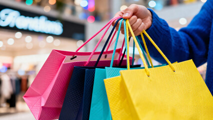 Cheerful shopper carries colorful shopping bags after successful retail therapy trip