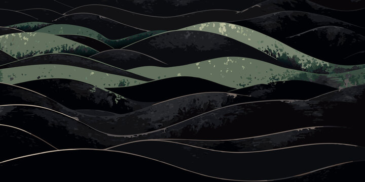 Abstract dark wavy landscape with green accents and subtle gold lines