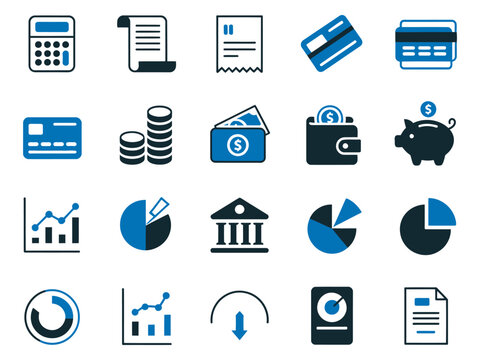 Collection of finance and accounting icons, featuring calculators, cards, money, and graphs. - Powered by Adobe