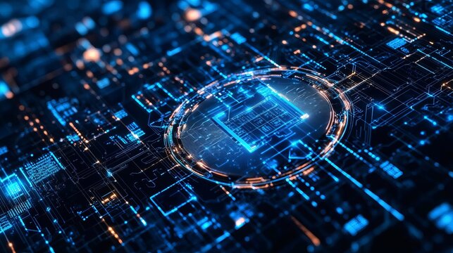 Stunning futuristic circuit board design with glowing blue connections for technology innovation and digital transformation concepts available now