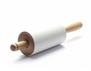 Lint roller with wooden handle, casting a soft shadow