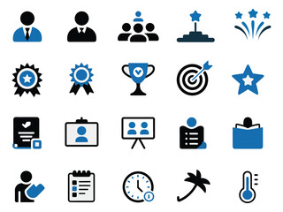 A diverse set of blue and black icons representing achievement and teamwork.