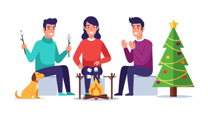 Cozy Gathering: Festive friends, gathering around a warm campfire, roasting marshmallows, creating cherished memories, with the backdrop of a decorated tree.