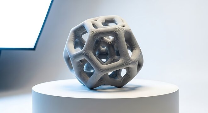 Porous Dodecahedron on White Pedestal - Powered by Adobe