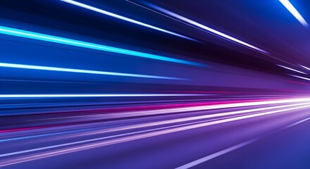 Panoramic high speed technology background with abstract motion blur and neon blue and purple light trails, representing fast movement on a road