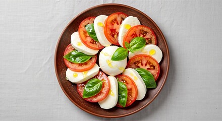 A top-down view of a caprese salad arranged on a brown plate with fresh ingredients.