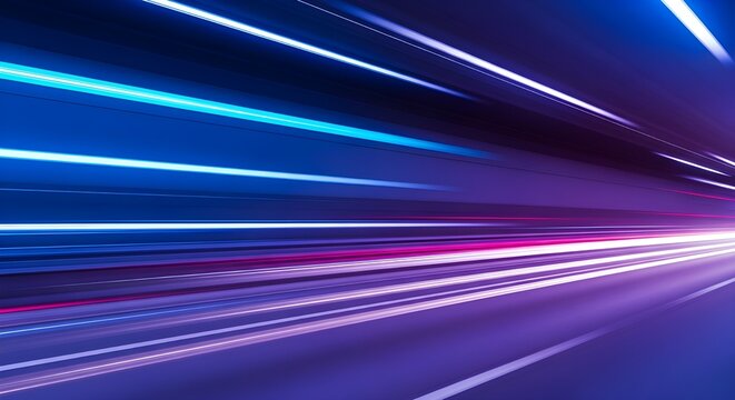 Panoramic high speed technology background with abstract motion blur and neon blue and purple light trails, representing fast movement on a road
