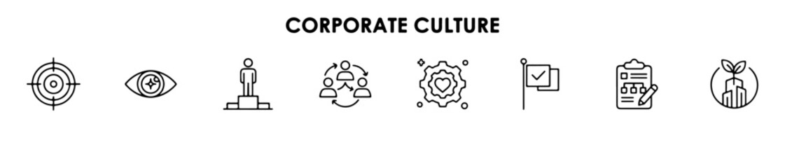 Minimal corporate culture icons: goals, vision, teamwork, innovation, leadership, planning, and growth. Ideal for business and HR visuals.