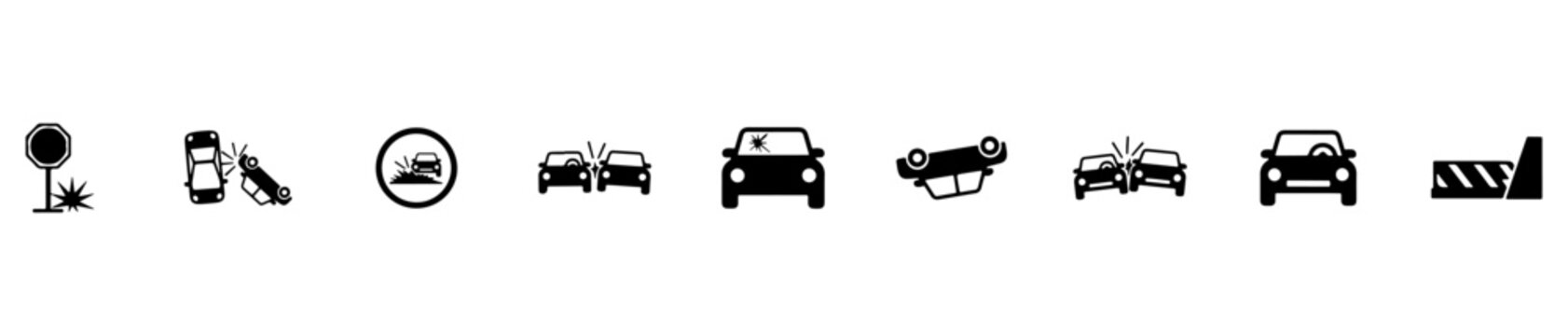 Minimal car crash icons: collisions, impacts, barriers, warnings, and damage. Ideal for safety, insurance, and traffic visuals.