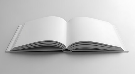 Open blank white book with empty pages spread wide, ready for custom text, images, or design, on a light background