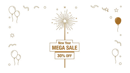 New Year Mega Sale: A minimalist illustration advertising a New Year mega sale with festive elements and a significant discount offer. 