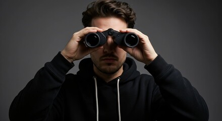 Young man wearing black hoodie using binocular to look forward, concept of surveillance, observation, searching, spy, discovery