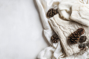 Cozy knitted sweater, mittens, pinecones, and soft fabric create warm winter flat lay scene with neutral tones, perfect for seasonal comfort and relaxation