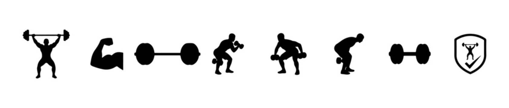 Minimal weightlifting icons: dumbbells, barbells, strength poses, and fitness symbols. Ideal for gym, training, and motivational visuals.