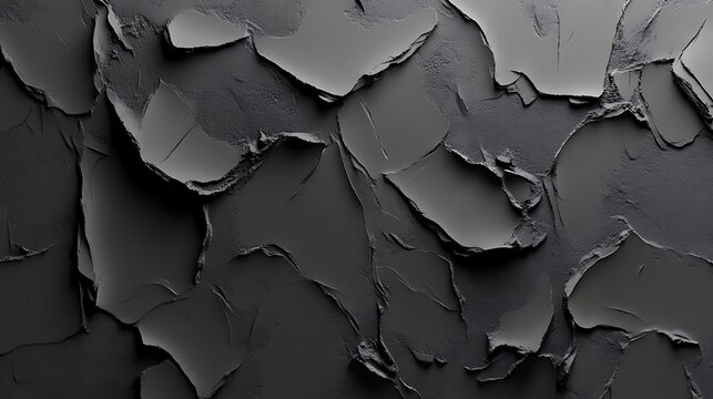 Abstract dark gray texture background featuring plasterlike layered forms with contrasting rough and smooth surfaces