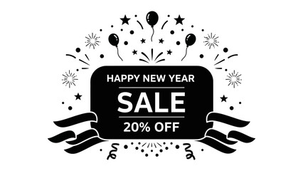 New Year Sale: A festive design announces a Happy New Year sale with a prominent SALE label and a 20% discount offer, adorned with celebratory elements such as balloons, fireworks, and stars.