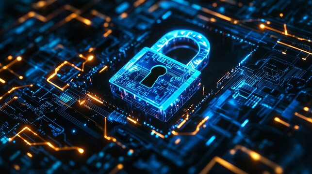 Secure your digital world with futuristic padlock glowing on a circuit board, offering cutting-edge cybersecurity solutions and data protection today