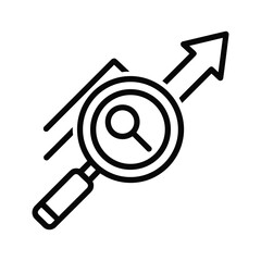 Magnifying glass over an upward trending arrow representing business growth analysis and search optimization concept icon