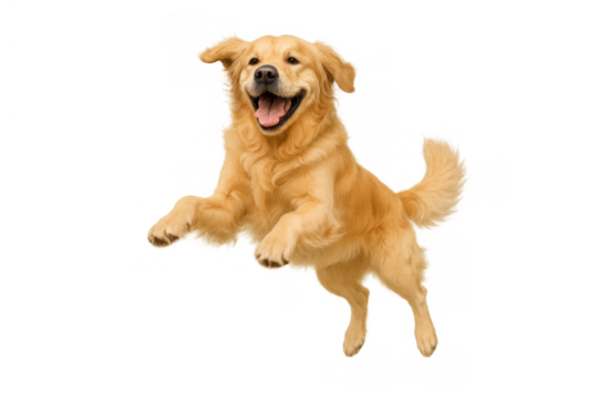 Golden retriever dog jumping mid-air with a happy expression on a transparent background, depicting joy and energy