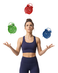 Femme jonglant avec trois r&eacute;veils (rouge, vert, bleu) sur fond transparent, symbolisant le stress de la gestion du temps