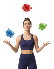 Femme jonglant avec trois tirelires en forme de cochon (rouge, bleu, vert) sur fond transparent, exprimant de l'inqui&eacute;tude ou de la concentration