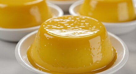 A close-up of a delicious yellow caramel custard pudding dessert served in a white bowl.