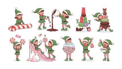 Elf Holiday Fun: A charming collection of playful elves brings joy to the holiday season, surrounded by delightful sweets and festive cheer. 