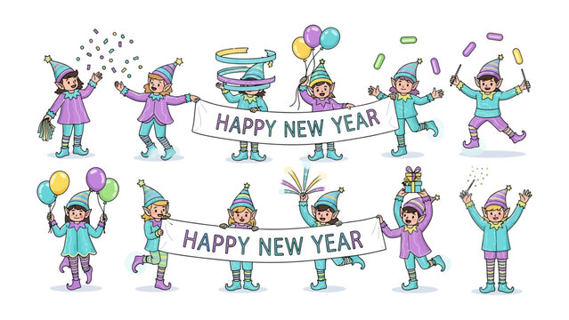 New Year Elf Celebration: A group of cheerful elves joyfully celebrate the New Year with banners, balloons, and confetti. The illustration is filled with the spirit of festivity and good tidings.
